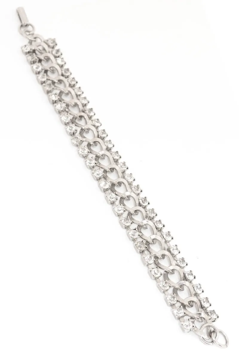 1960s Silver Chain Link Bracelet w/ Rows of Rhinestones