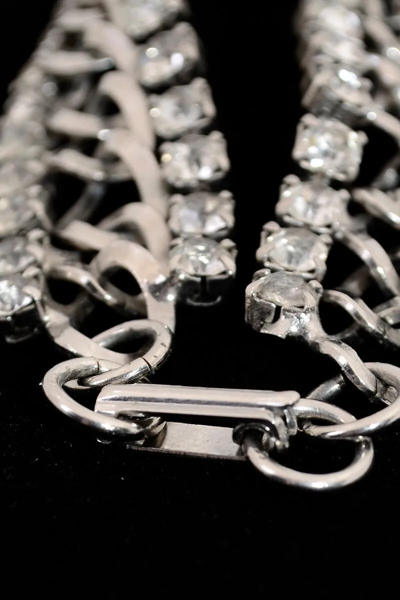 1960s Silver Chain Link Bracelet w/ Rows of Rhinestones