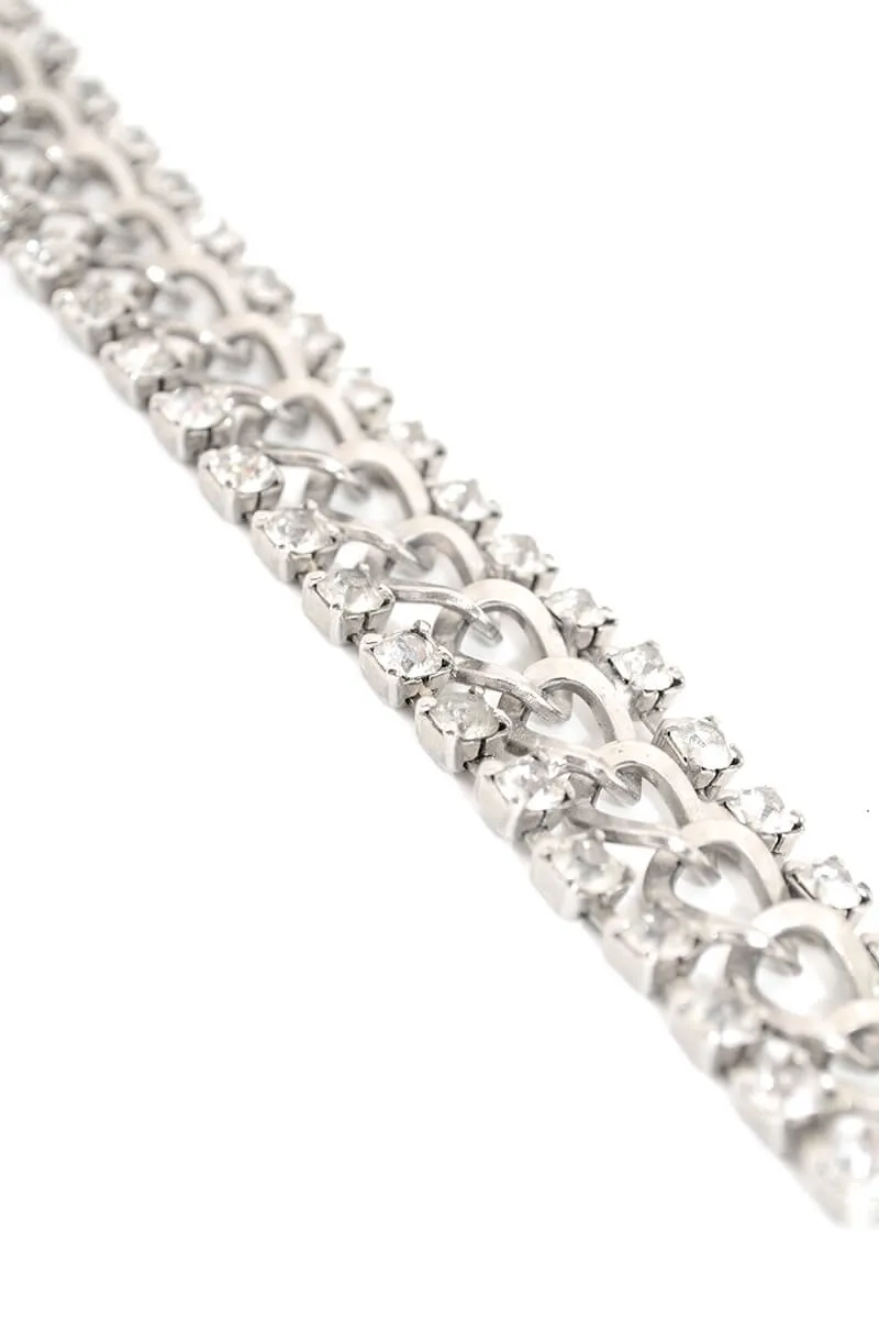 1960s Silver Chain Link Bracelet w/ Rows of Rhinestones