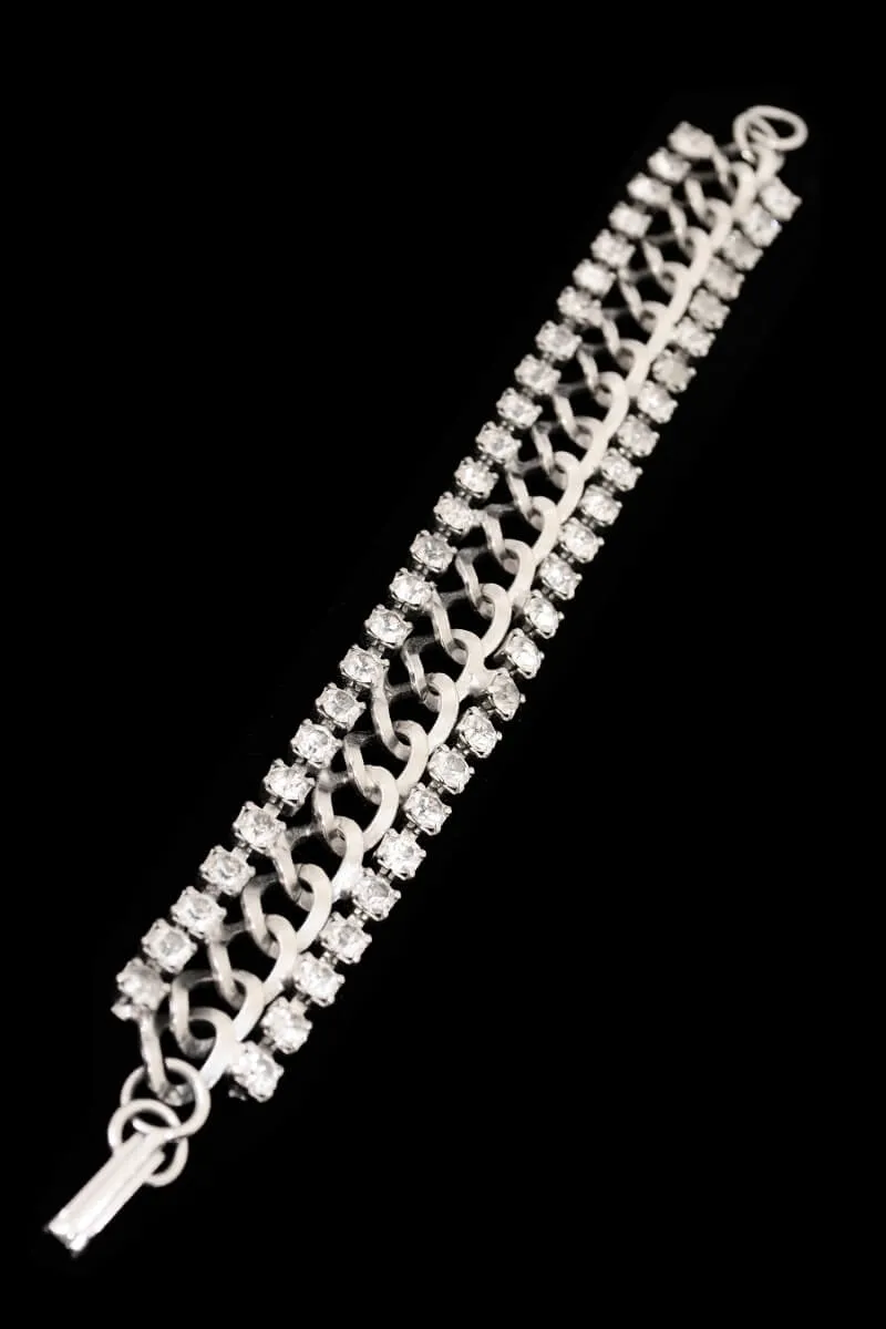 1960s Silver Chain Link Bracelet w/ Rows of Rhinestones