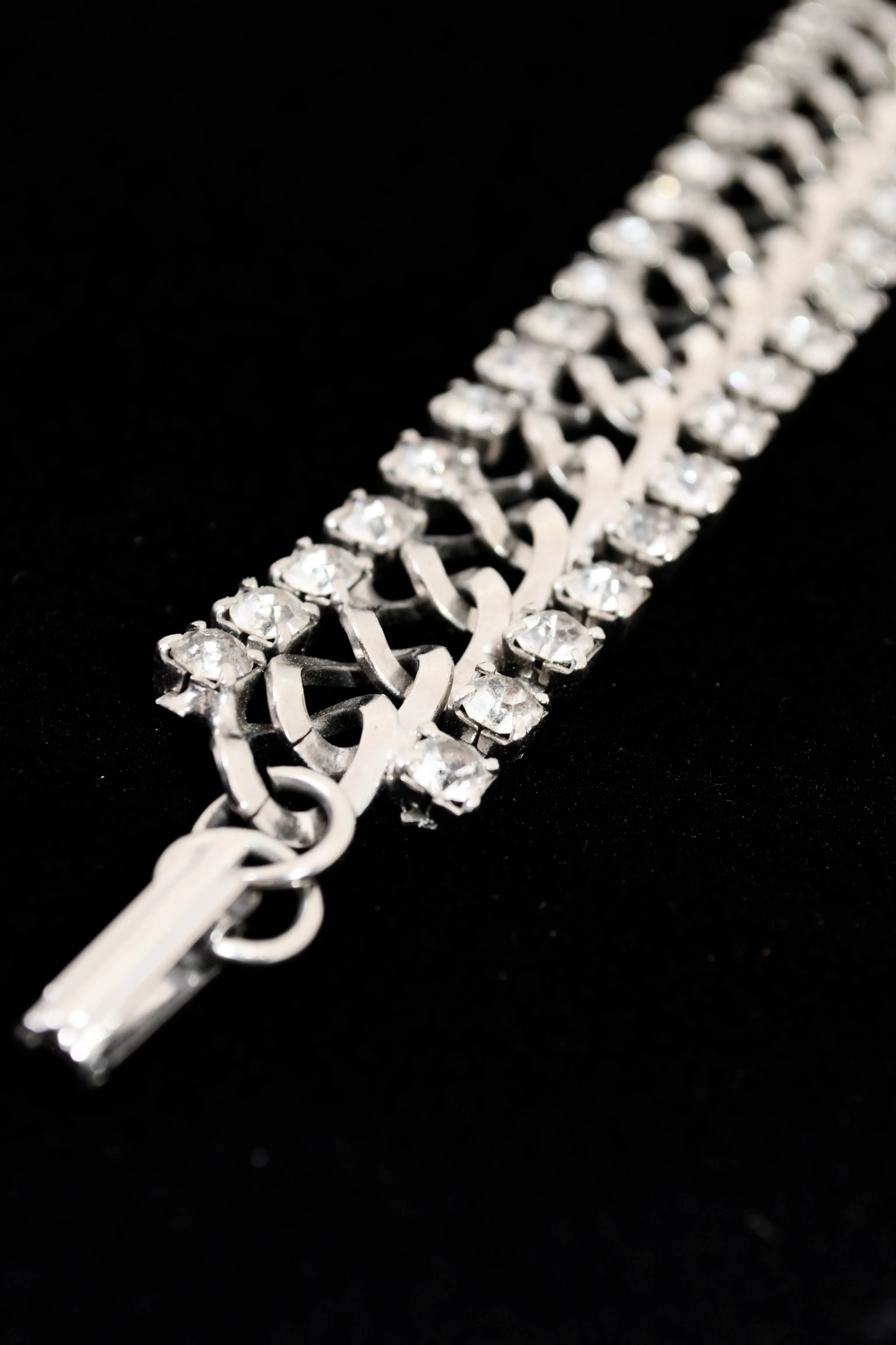 1960s Silver Chain Link Bracelet w/ Rows of Rhinestones