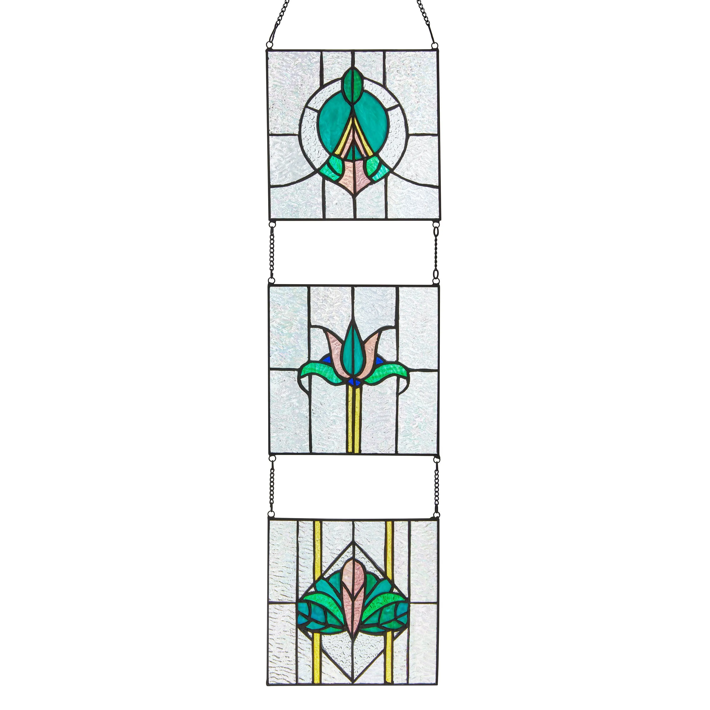 29"H Art Deco Tryptic Stained Glass Window Panel