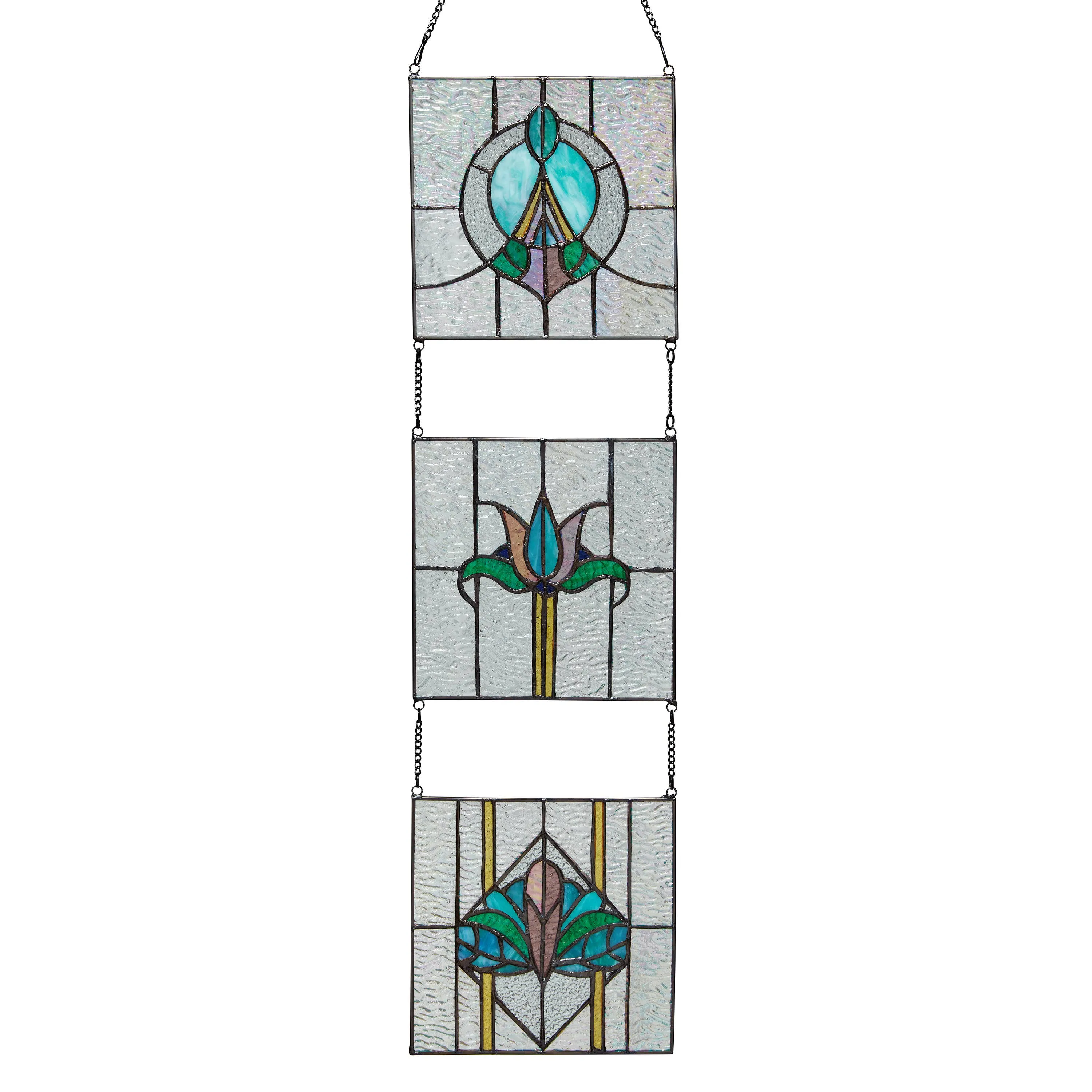 29"H Art Deco Tryptic Stained Glass Window Panel