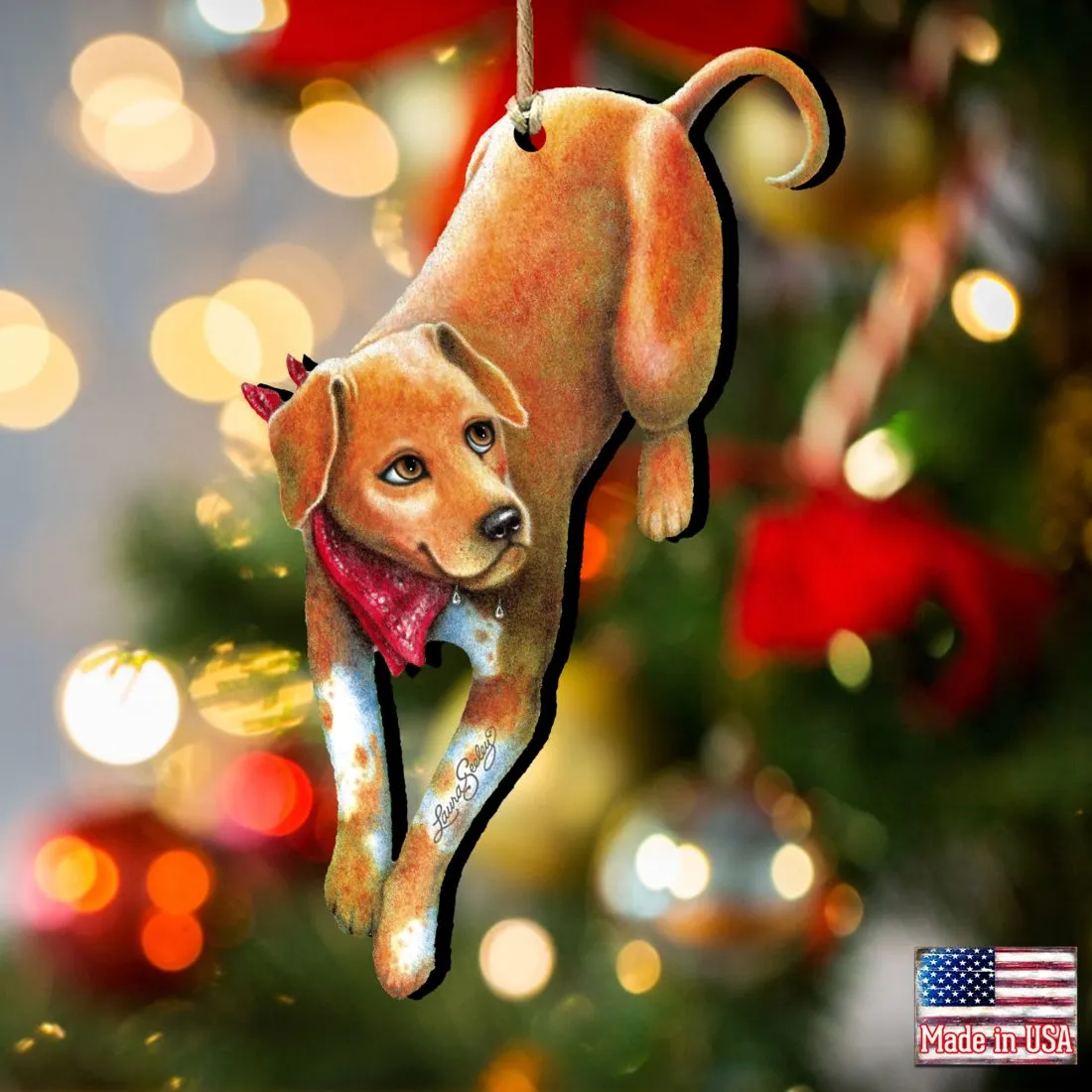 A Cool Drink Dog Wooden Ornament by Laura Seeley - Pet Dogs and Cats Decor - 8511024-LS