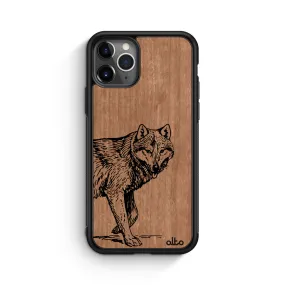 Apple iPhone 13, 12, 11 Wooden Case - Wolf Design | Cherry Wood |Lightweight, Hand Crafted, Carved Phone Case