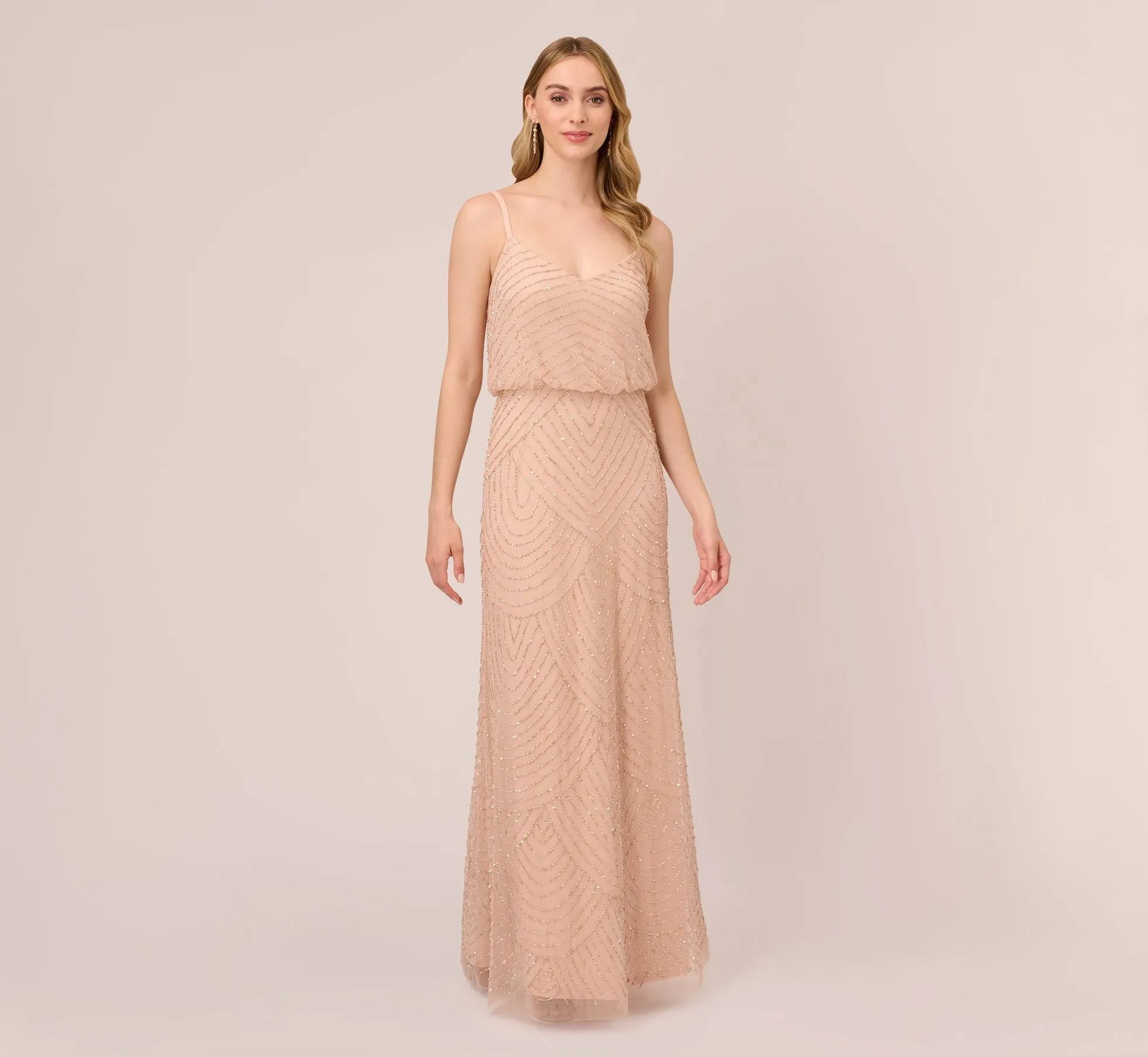 Art Deco Beaded Blouson Gown In Blush