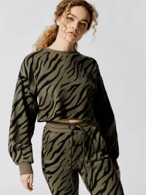 Bali Tiger Hyper Reality Knit Balloon Sleeve Crop Top - Army