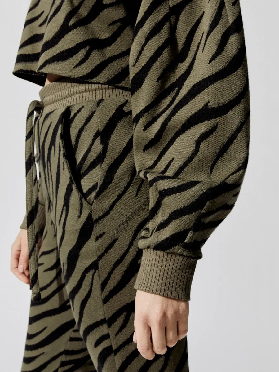 Bali Tiger Hyper Reality Knit Balloon Sleeve Crop Top - Army