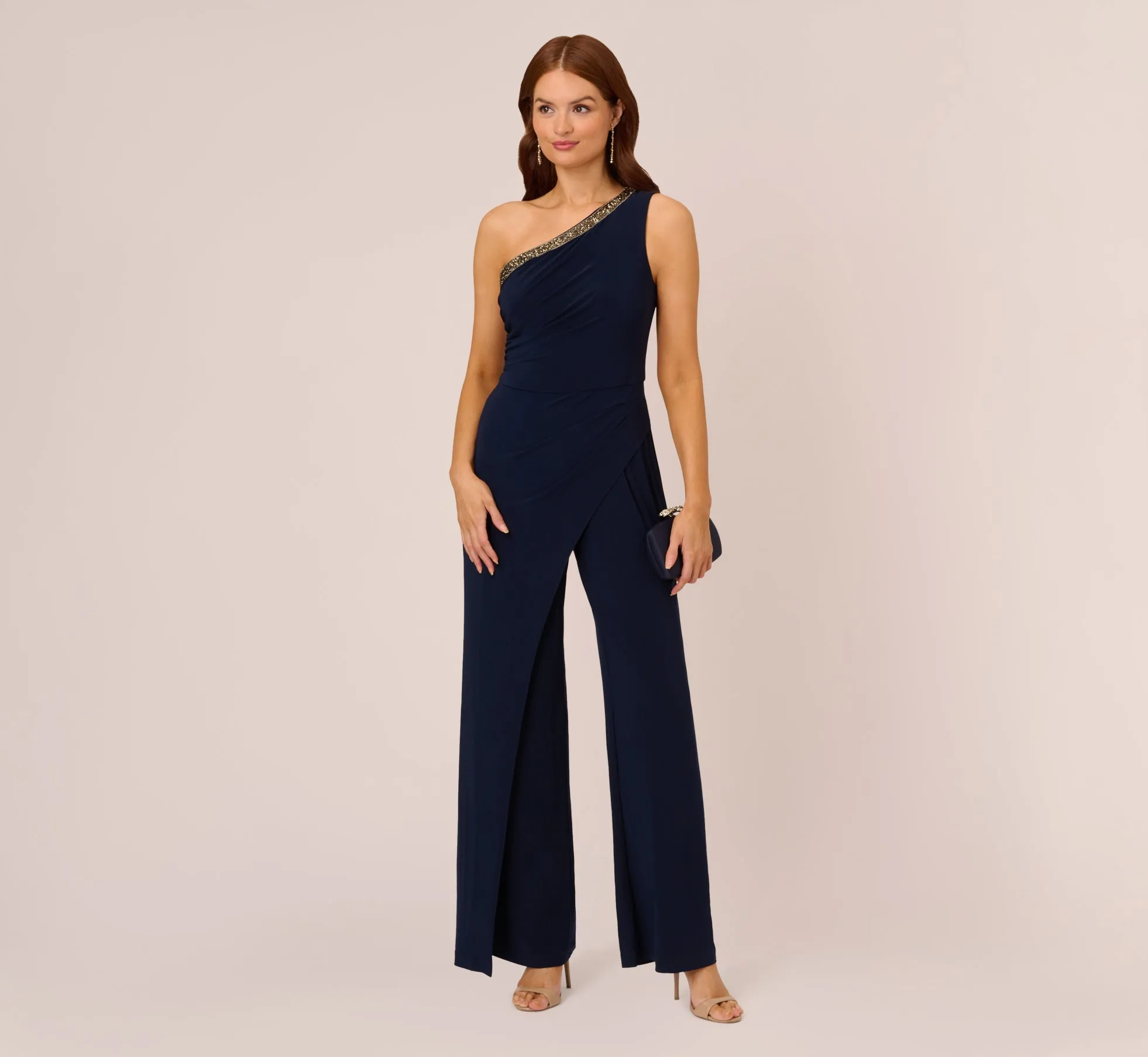 Beaded One-Shoulder Matte Jersey Jumpsuit In Midnight