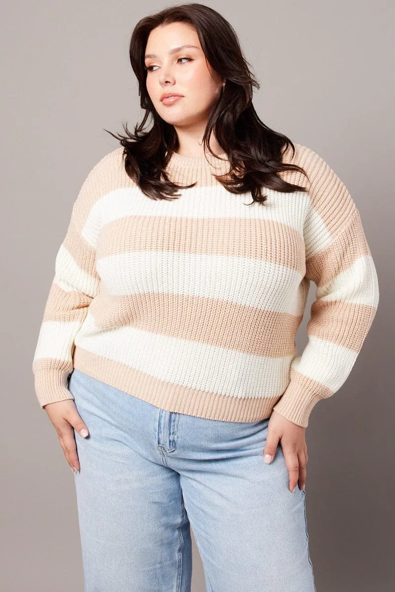 Beige Stripe Stripe Knit Jumper Long Sleeve Crew Neck