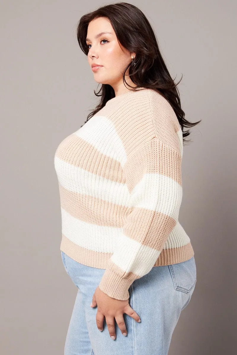 Beige Stripe Stripe Knit Jumper Long Sleeve Crew Neck