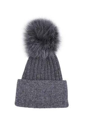 Bella Knit Hat with Detachable Dyed to Match Fox Fur Pom