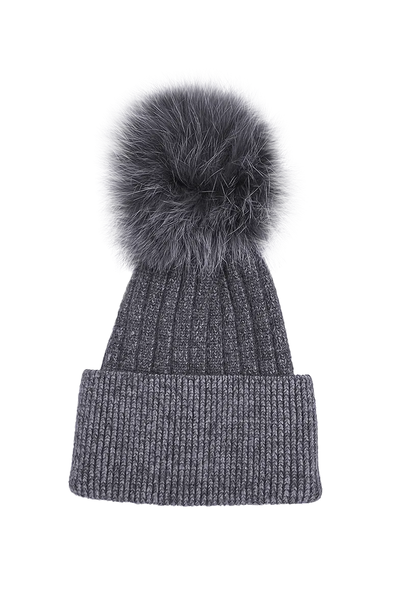 Bella Knit Hat with Detachable Dyed to Match Fox Fur Pom