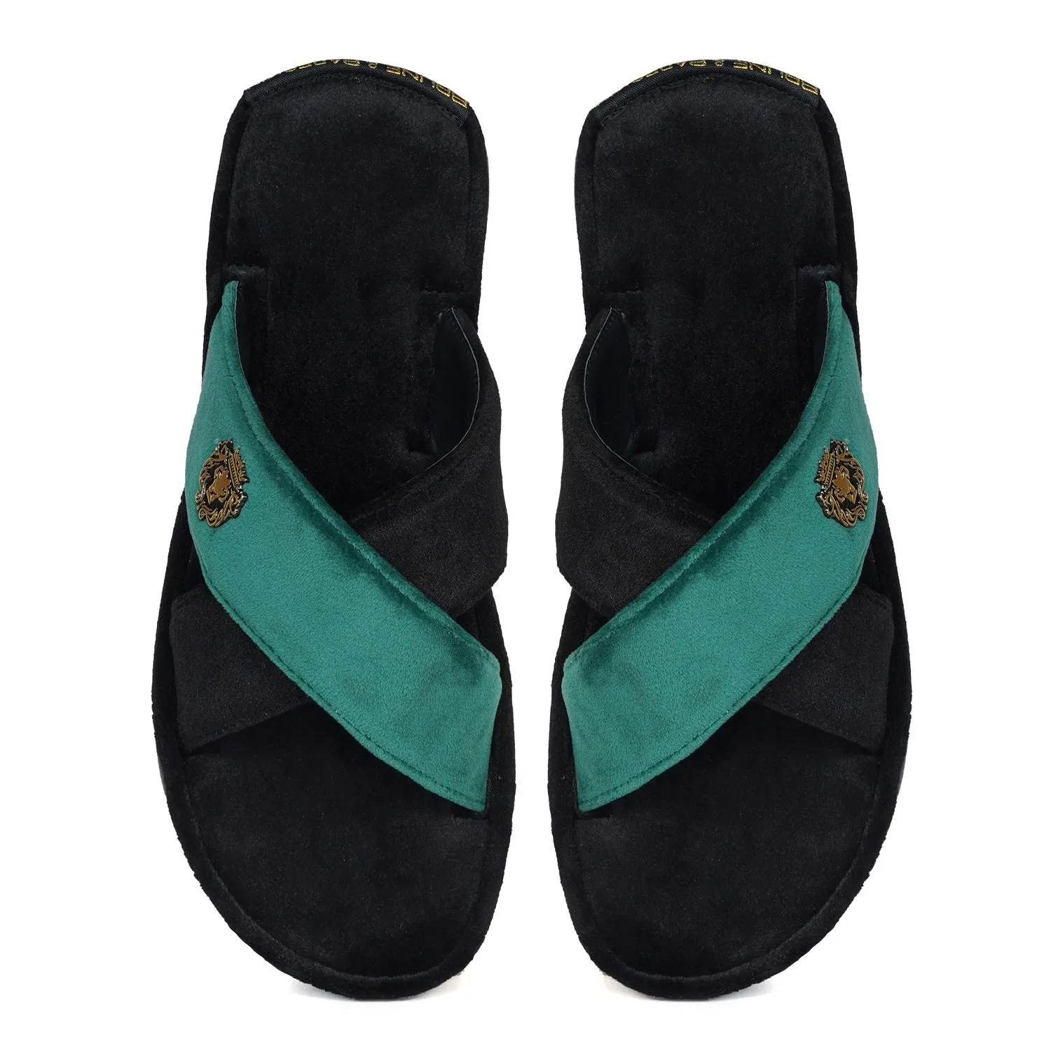 Black-Green Cross Straps Comfy Velvet Slide-in Slippers By Brune & Bareskin