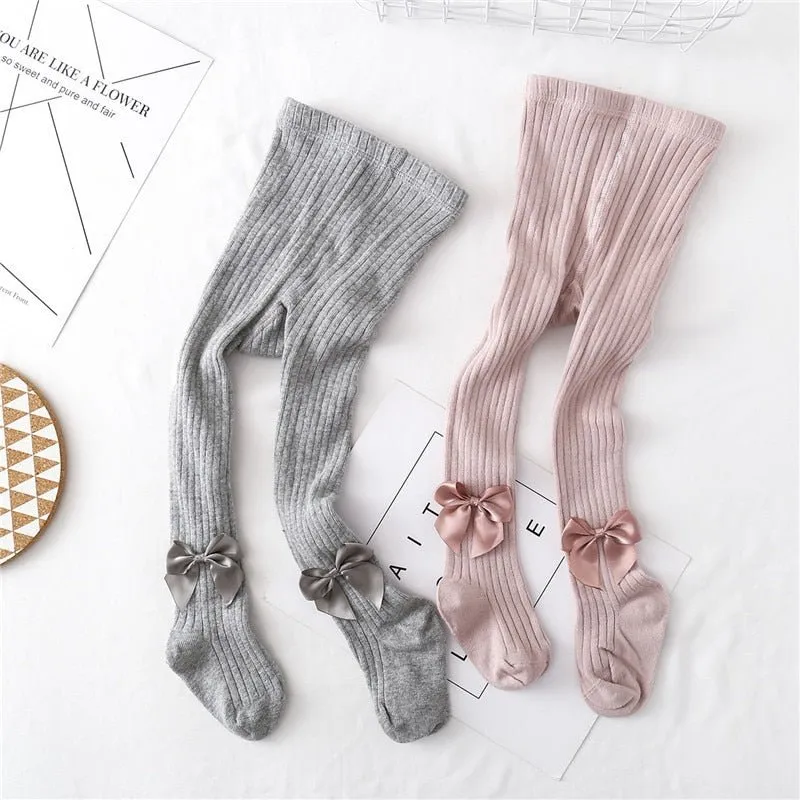 Bow Ribbed Cotton Tights for Girls