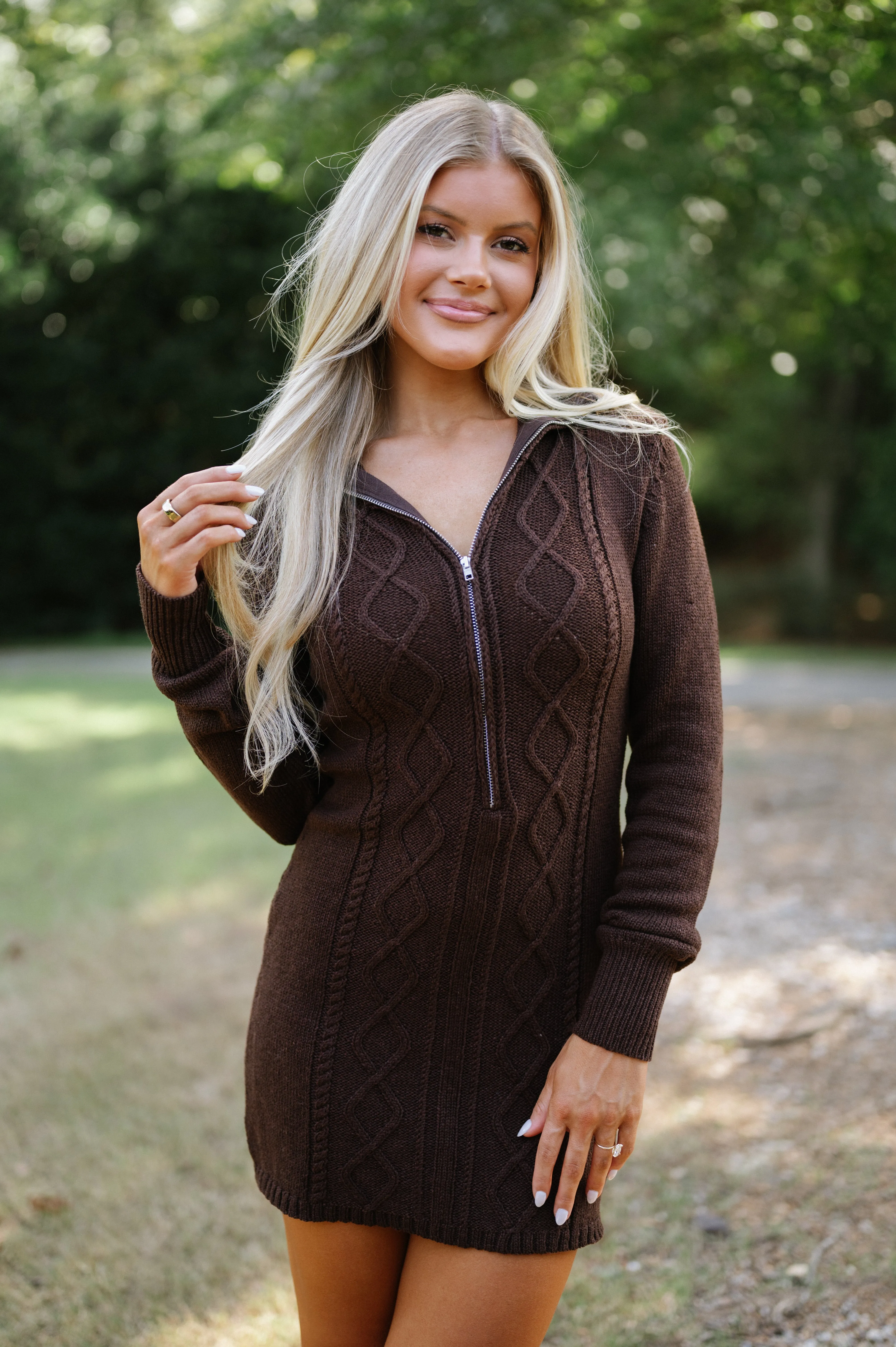 Cable Knit Sweater Dress- Brown