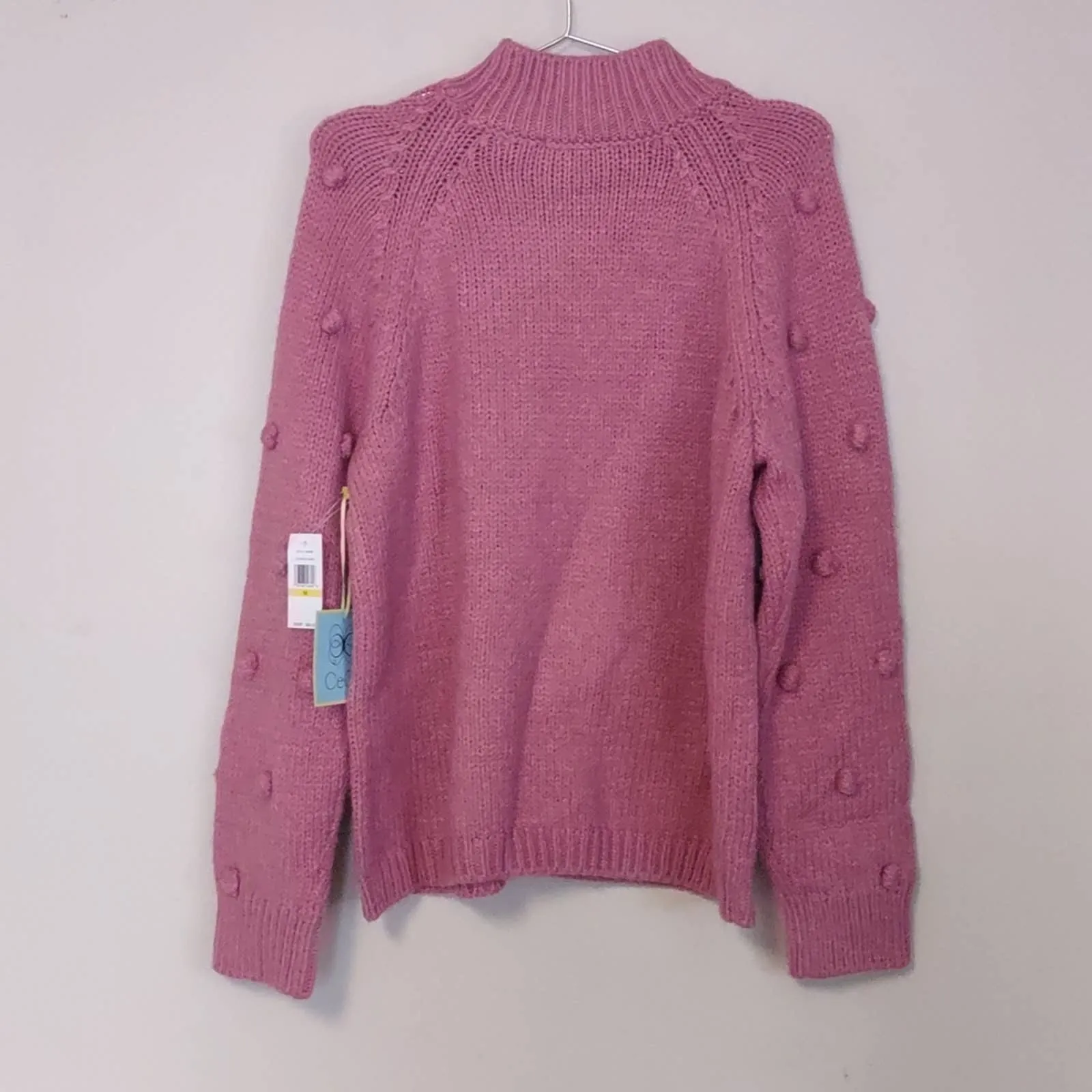 CeCe Pom Pom Sleeve Mock Neck Sweater Pink