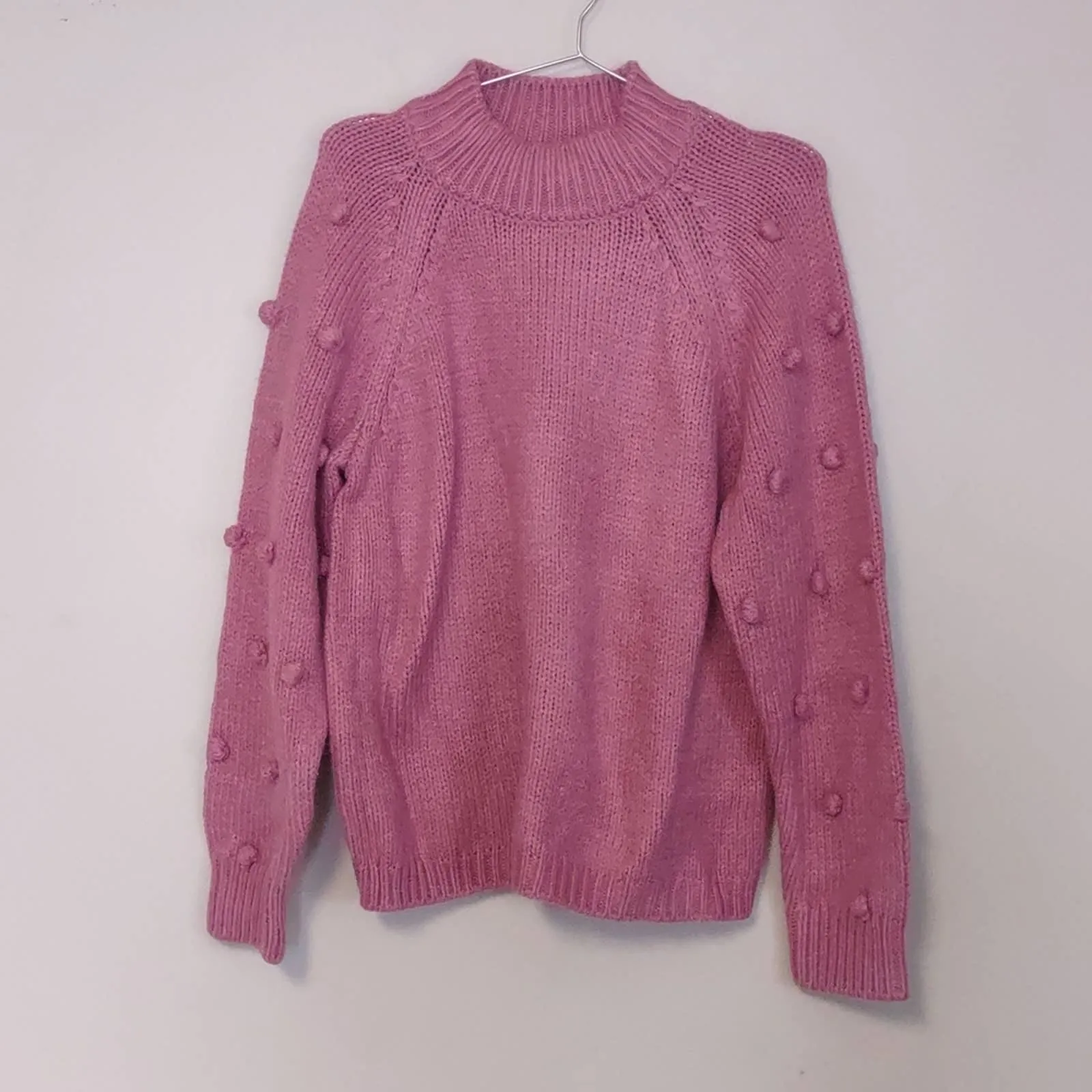 CeCe Pom Pom Sleeve Mock Neck Sweater Pink