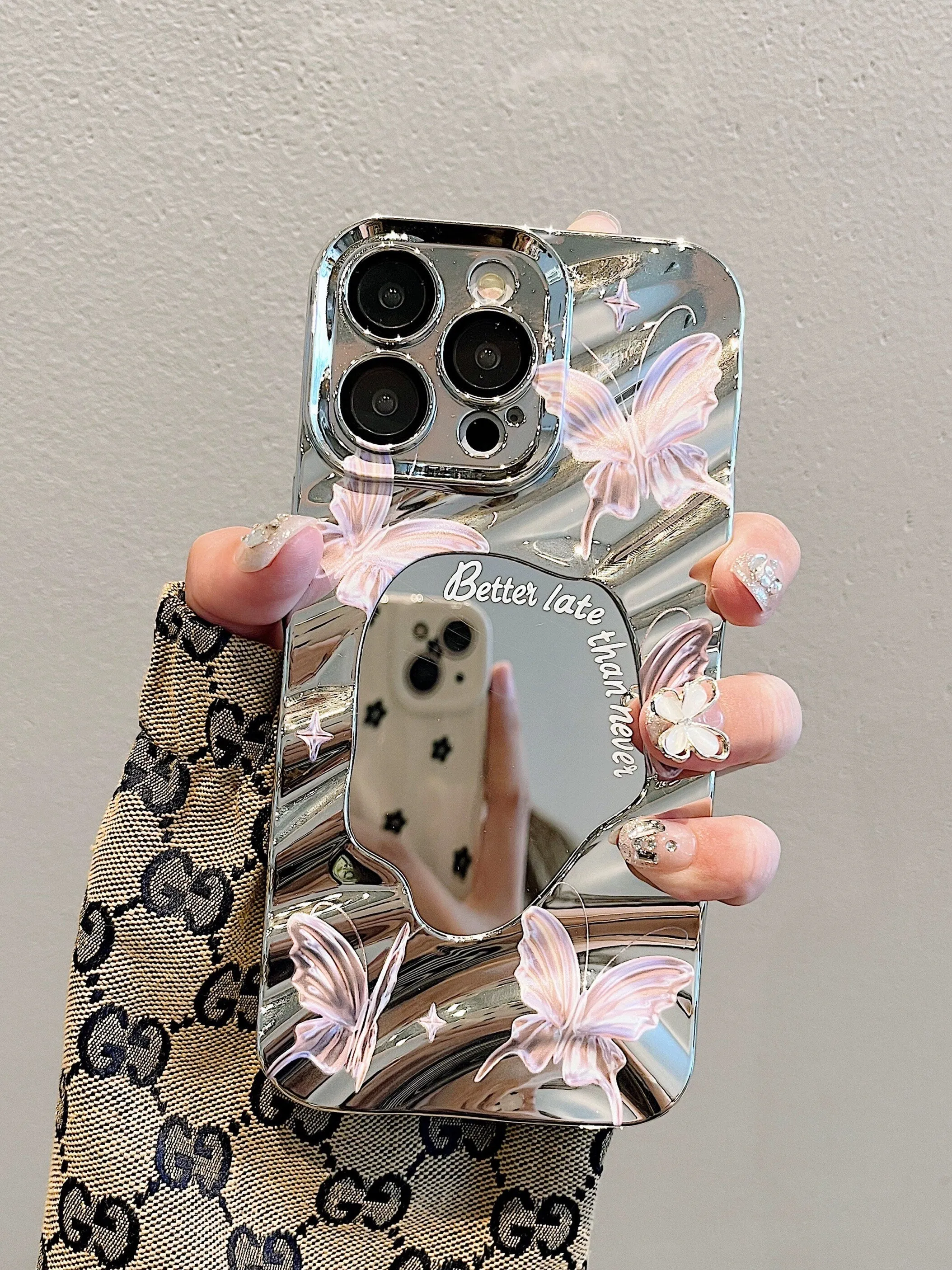 Cute Silver 3D Water Ripple Wave with Pink Bow Ribbon Decor Design Protective Shockproof iPhone Case for iPhone 11 12 13 14 15 Plus Pro Max