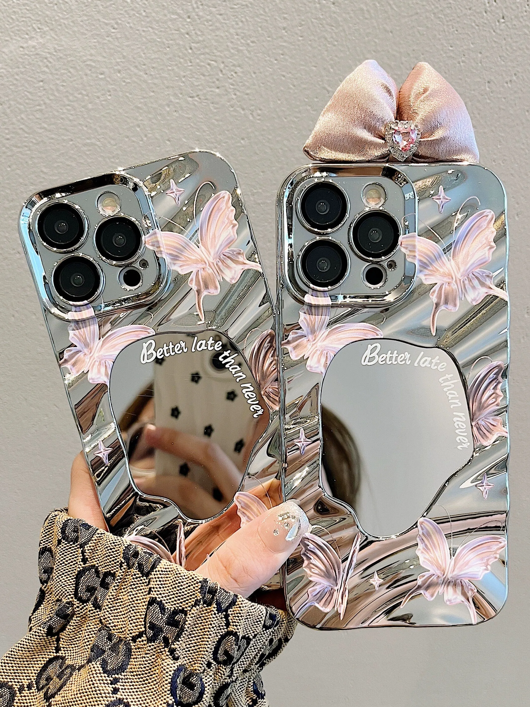 Cute Silver 3D Water Ripple Wave with Pink Bow Ribbon Decor Design Protective Shockproof iPhone Case for iPhone 11 12 13 14 15 Plus Pro Max