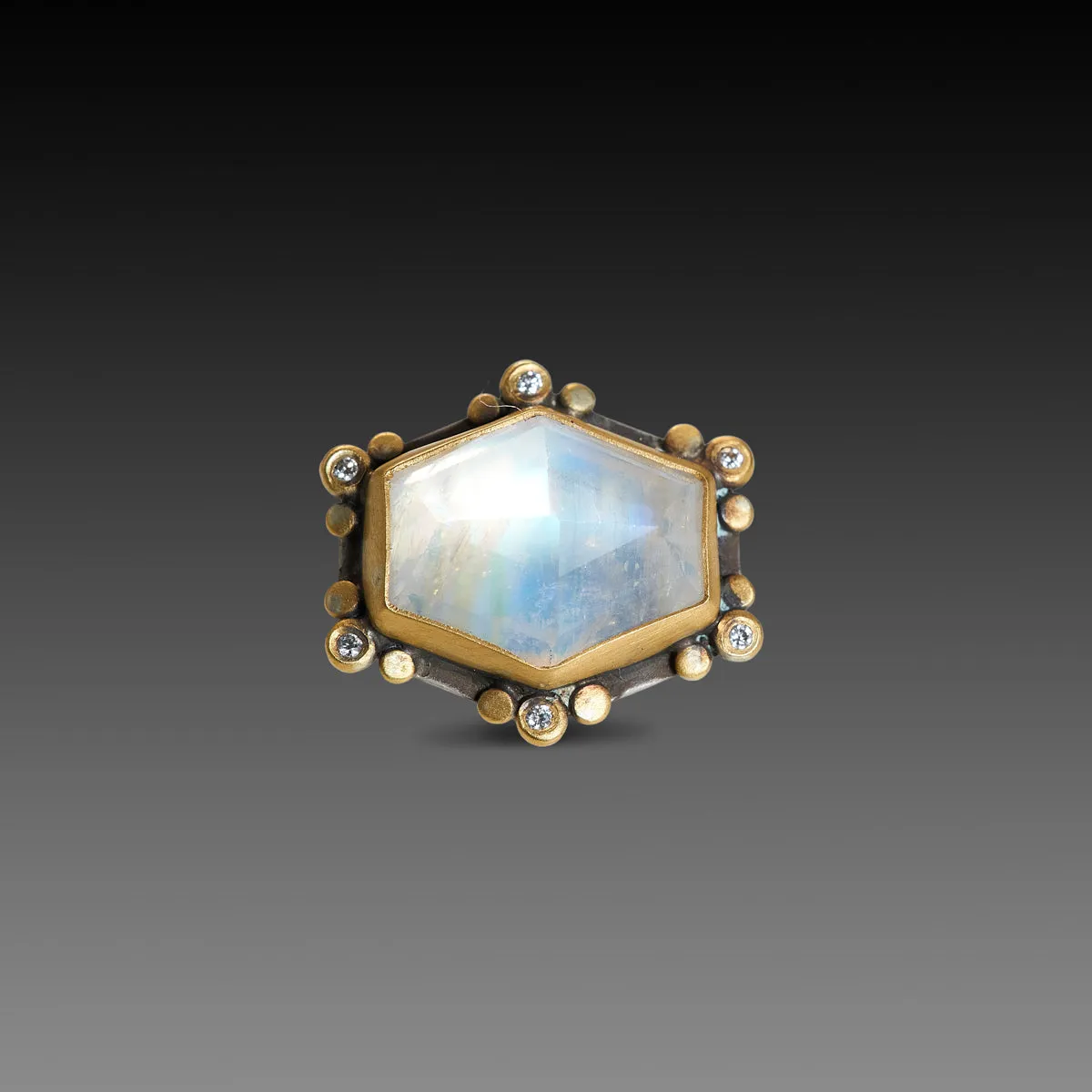 Geometric Moonstone Ring with Diamond Trios