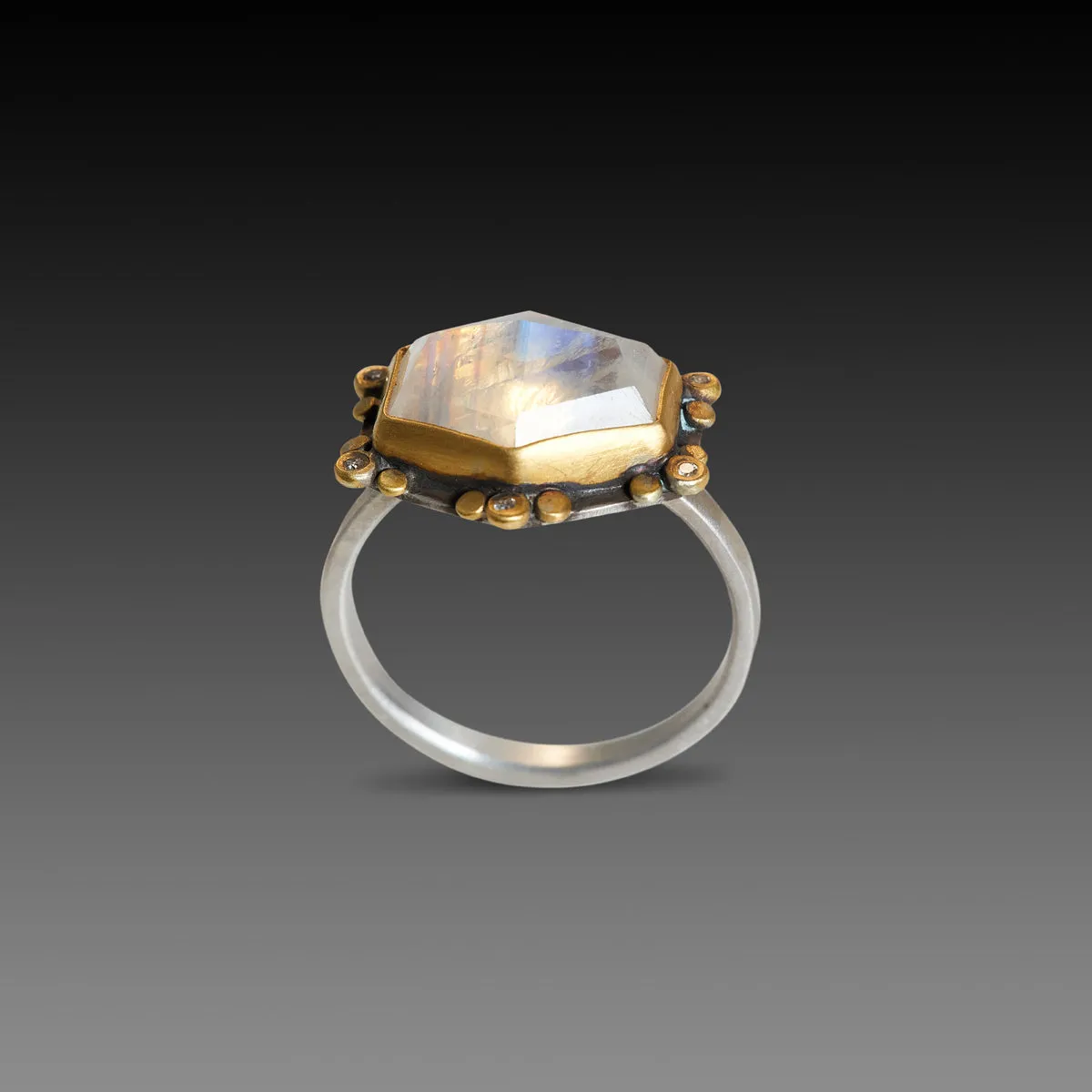 Geometric Moonstone Ring with Diamond Trios