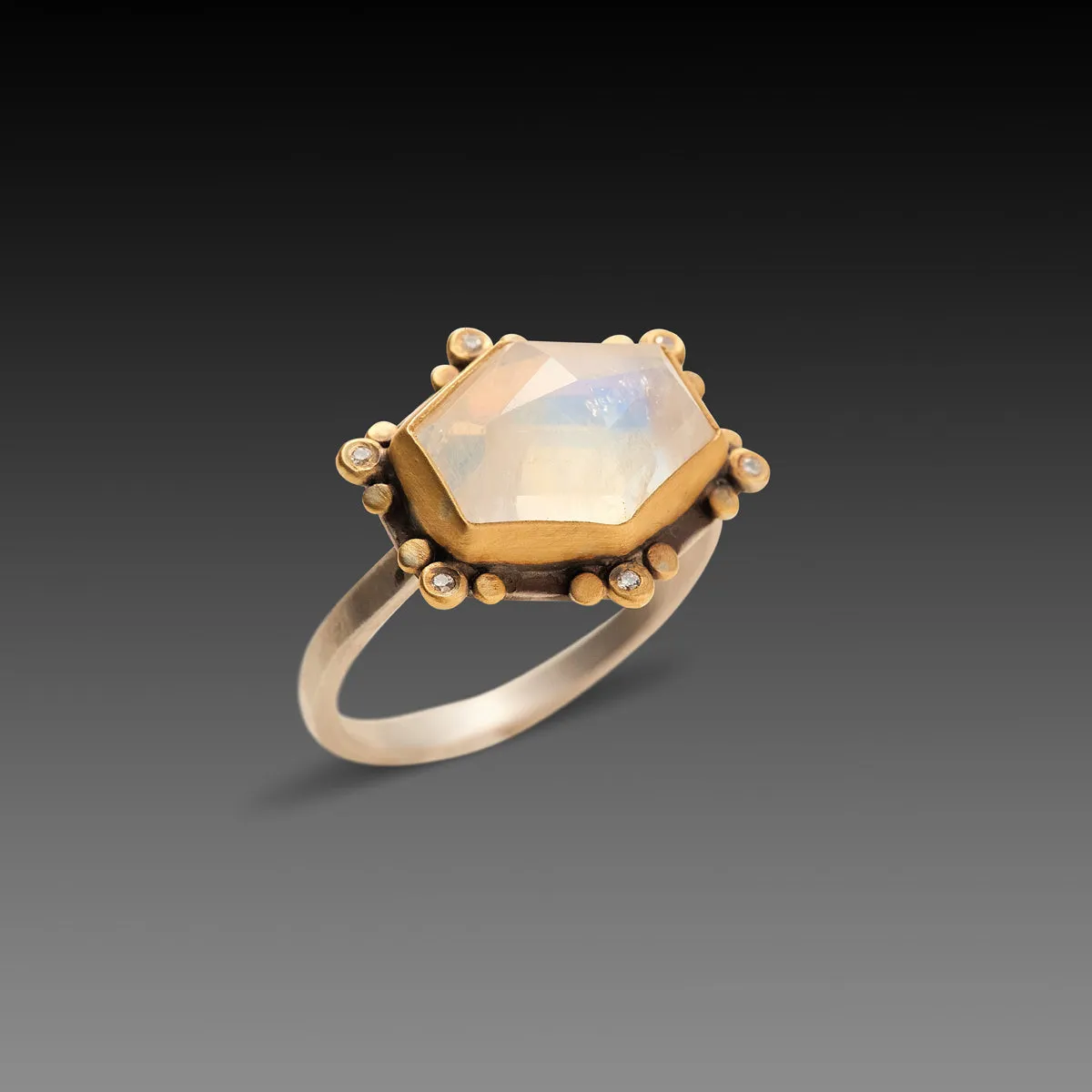 Geometric Moonstone Ring with Diamond Trios