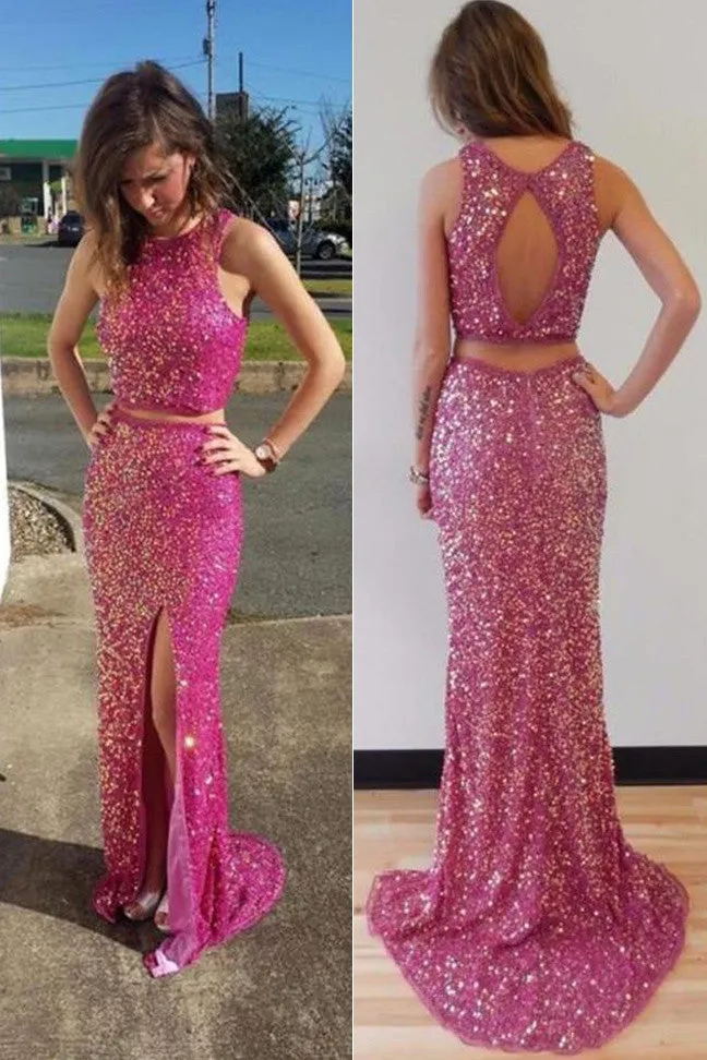 Glittering 2 Pieces Backless Side Slit Prom Dresses,Party Dresses,Cocktail Prom Dresses,SVD402