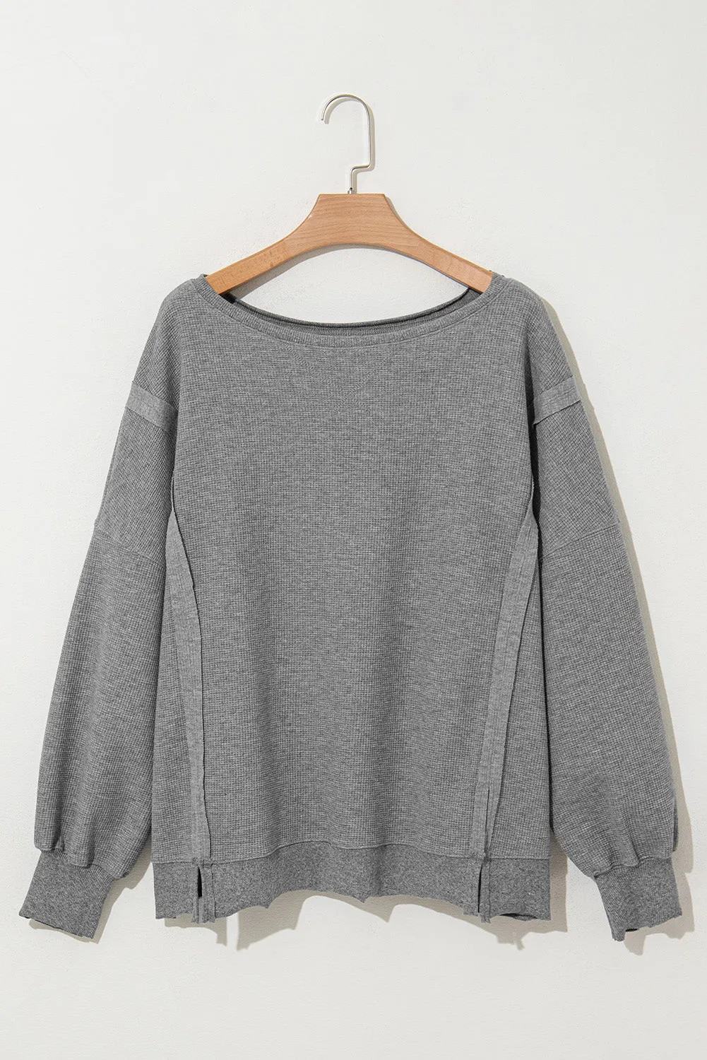 Gray Waffle knit Bishop Sleeve Split Oversized Top