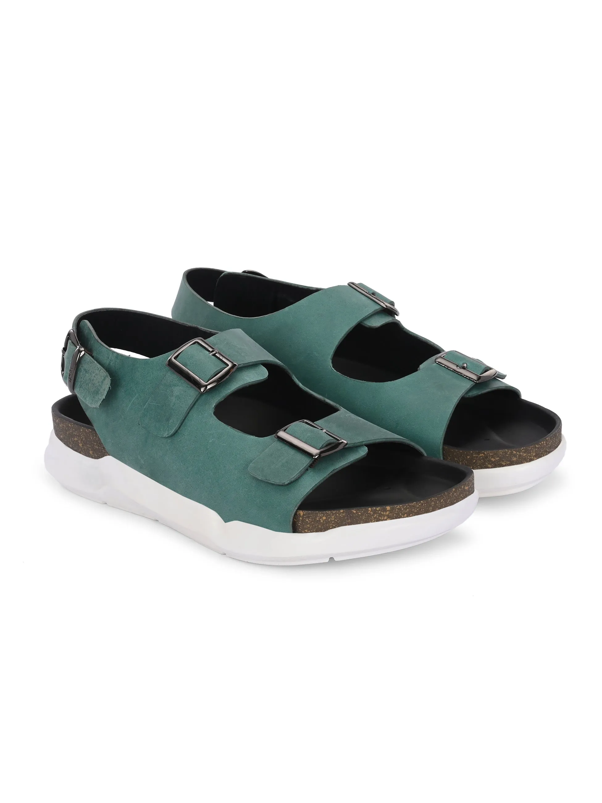 Hitz Men's Green Leather Daily Wear Sandals