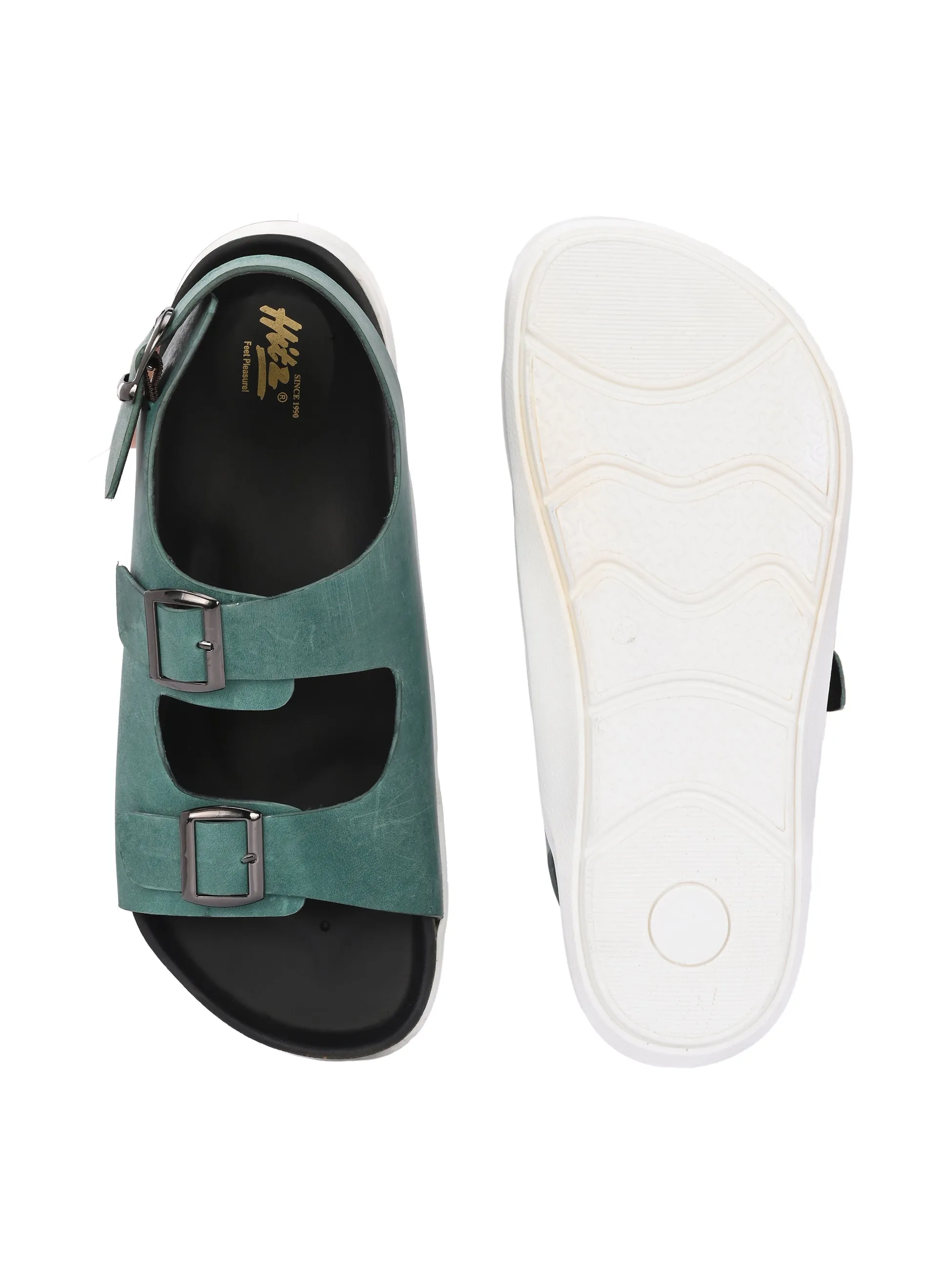 Hitz Men's Green Leather Daily Wear Sandals