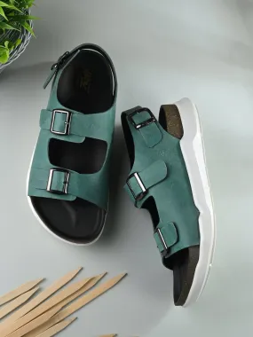 Hitz Men's Green Leather Daily Wear Sandals