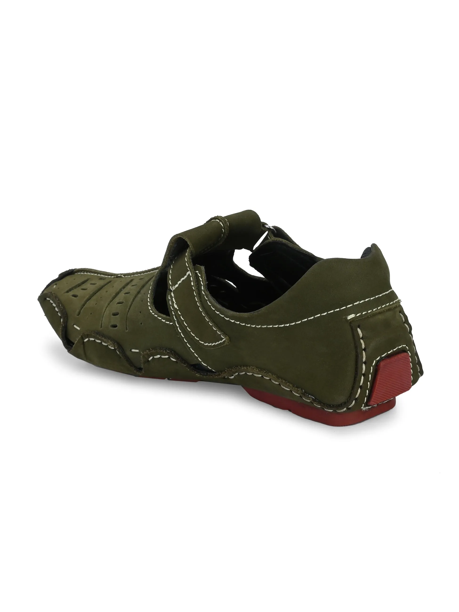 Hitz Men's Green Leather Sandal cum Shoes with Velcro Closure