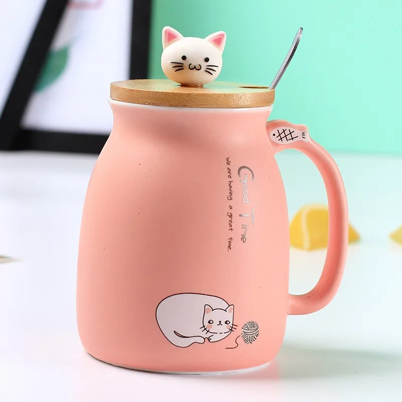 Kitty Kup Mug Ceramic Coffee Cup with Lovely Kitty Wooden Lid