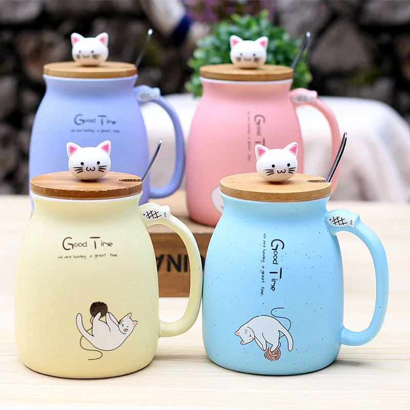 Kitty Kup Mug Ceramic Coffee Cup with Lovely Kitty Wooden Lid