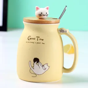 Kitty Kup Mug Ceramic Coffee Cup with Lovely Kitty Wooden Lid