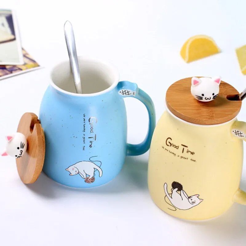 Kitty Kup Mug Ceramic Coffee Cup with Lovely Kitty Wooden Lid