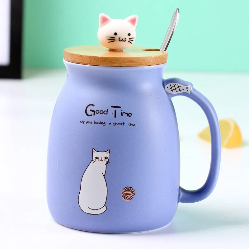 Kitty Kup Mug Ceramic Coffee Cup with Lovely Kitty Wooden Lid