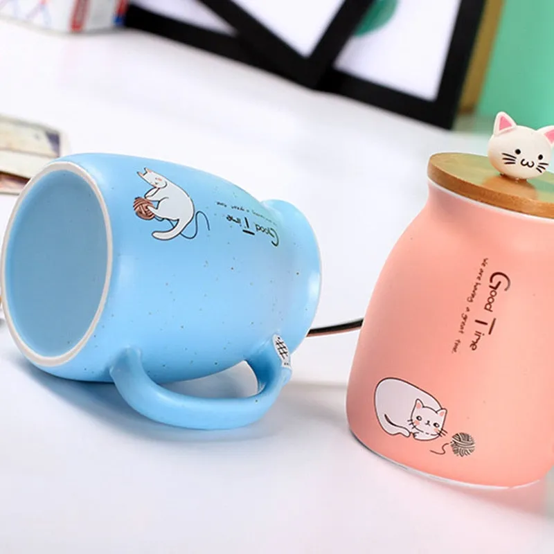 Kitty Kup Mug Ceramic Coffee Cup with Lovely Kitty Wooden Lid