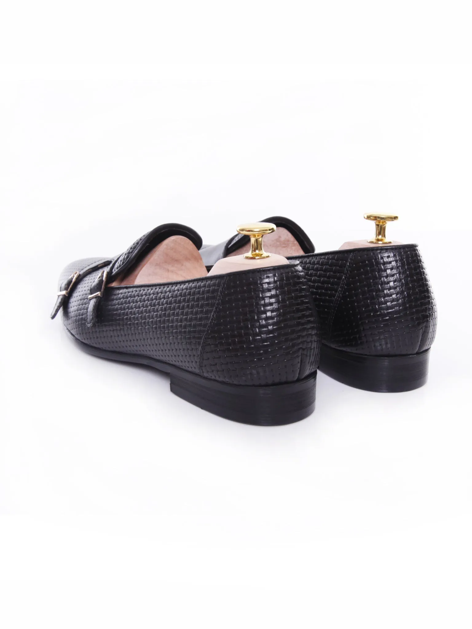 Loafer Slipper - Black Double Monk Strap with Woven Leather