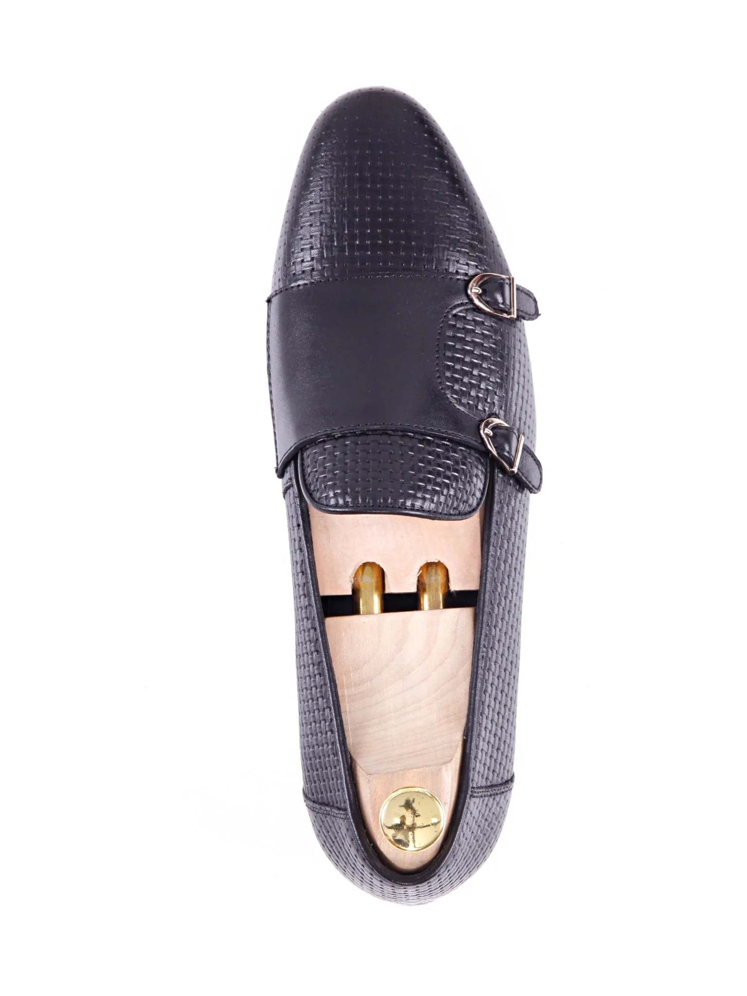 Loafer Slipper - Black Double Monk Strap with Woven Leather