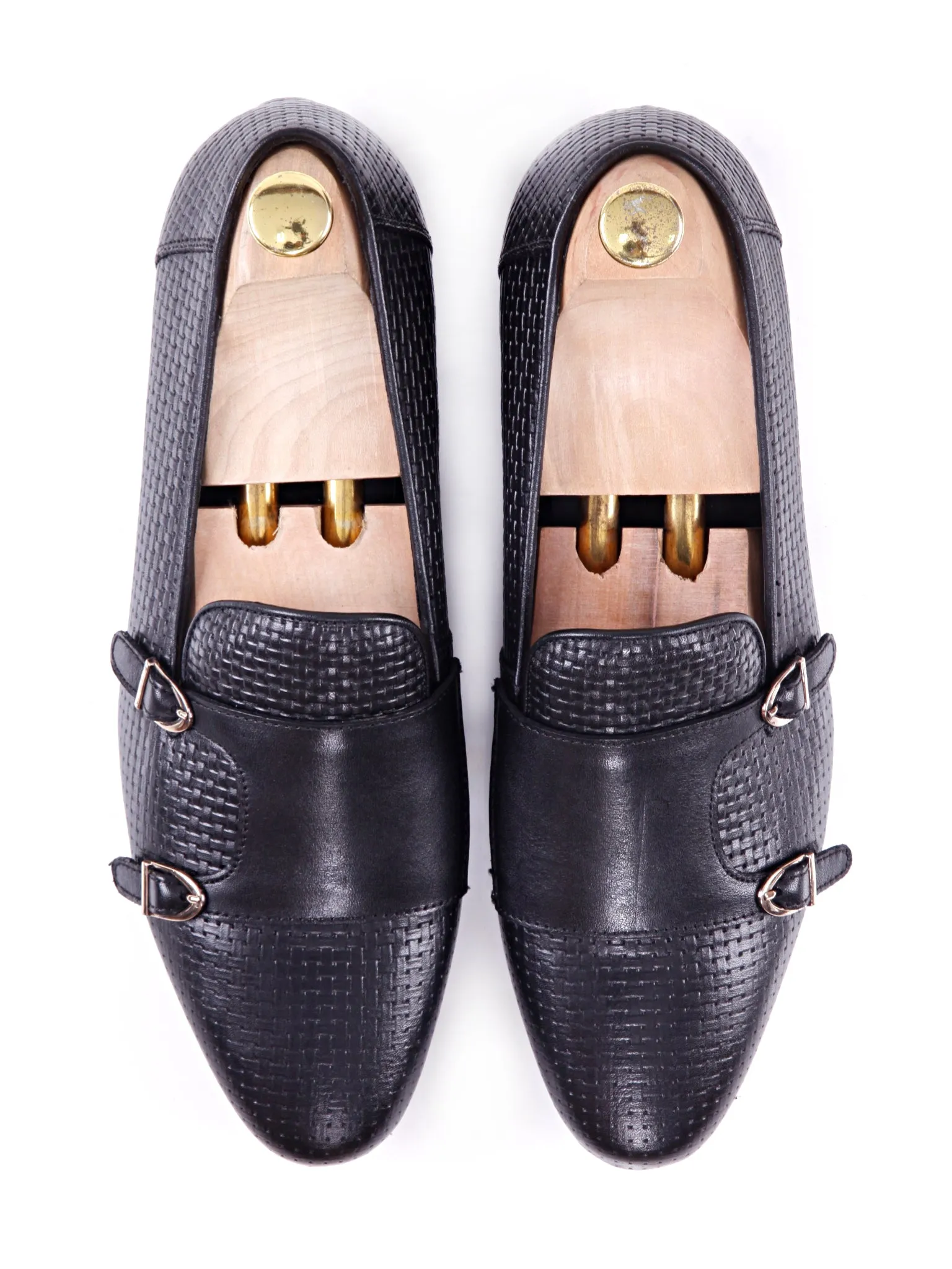 Loafer Slipper - Black Double Monk Strap with Woven Leather