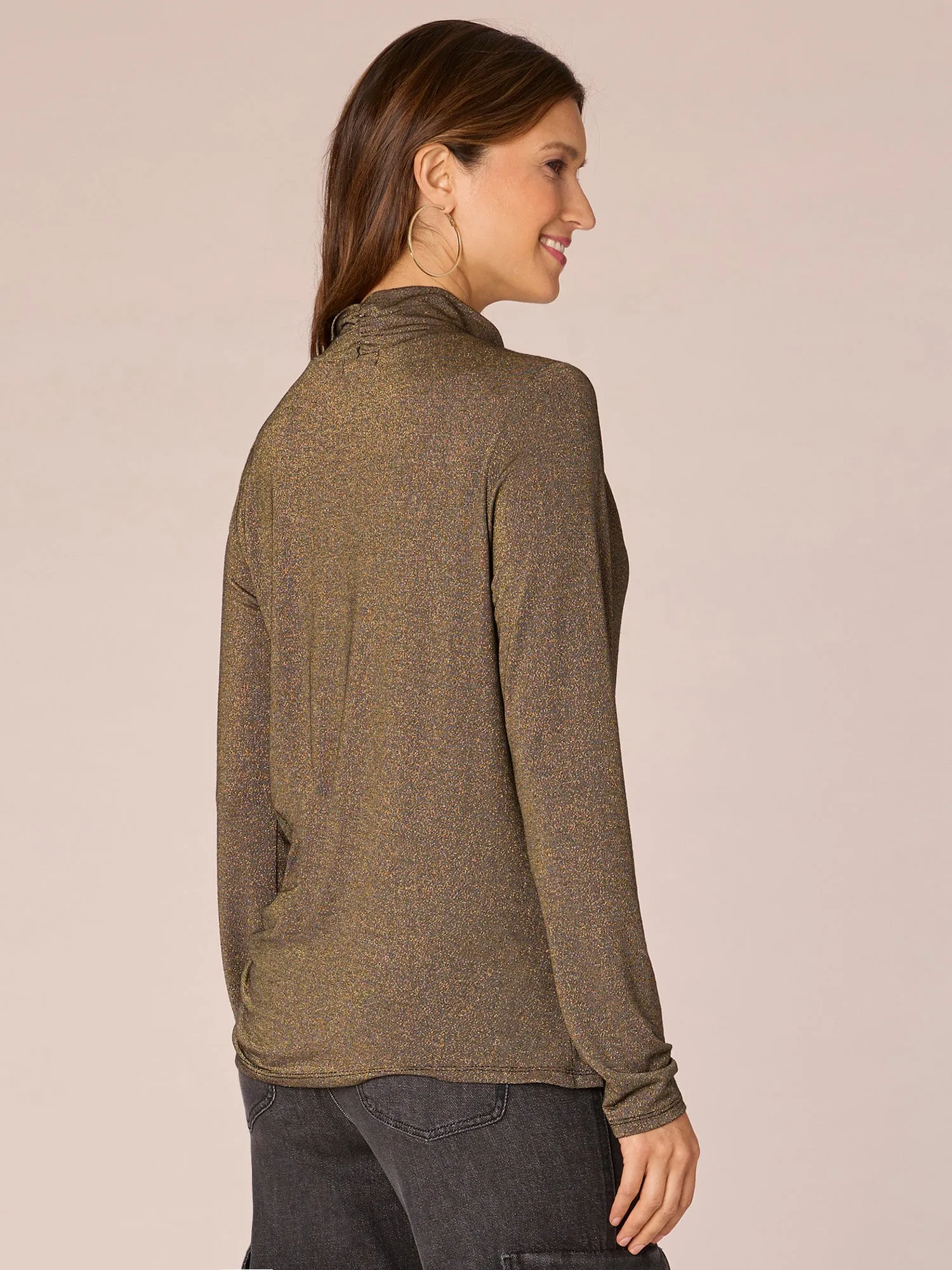 Long Sleeve Mock Neck Asymmetrical Ruching Detail Knit Top