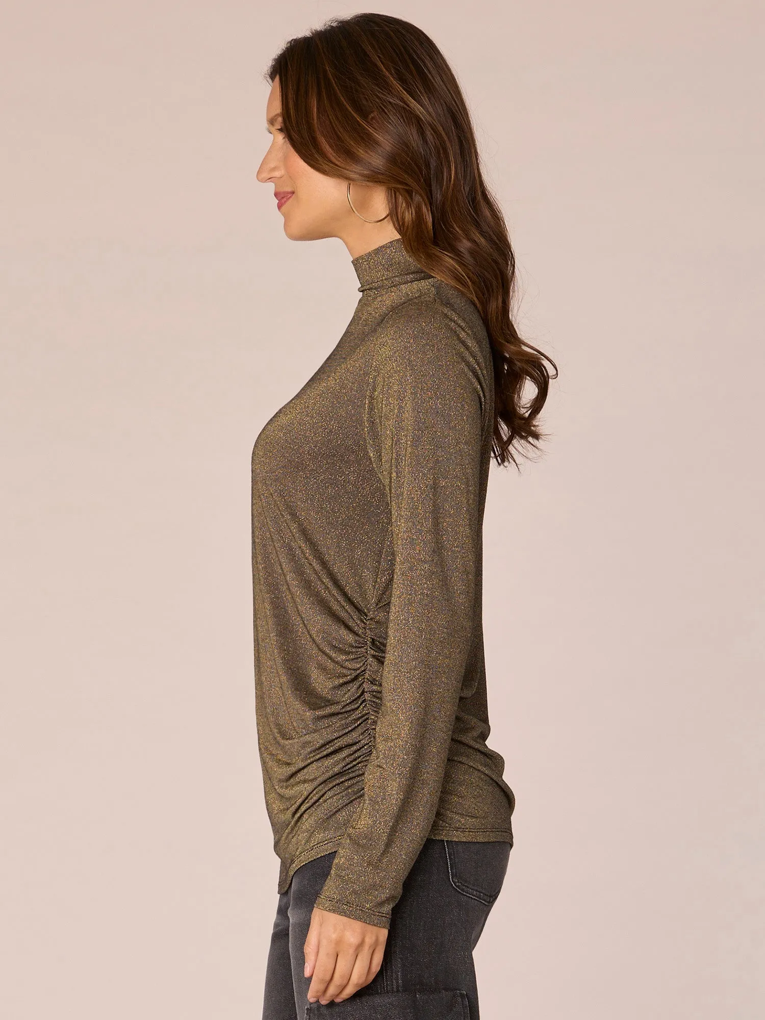 Long Sleeve Mock Neck Asymmetrical Ruching Detail Knit Top