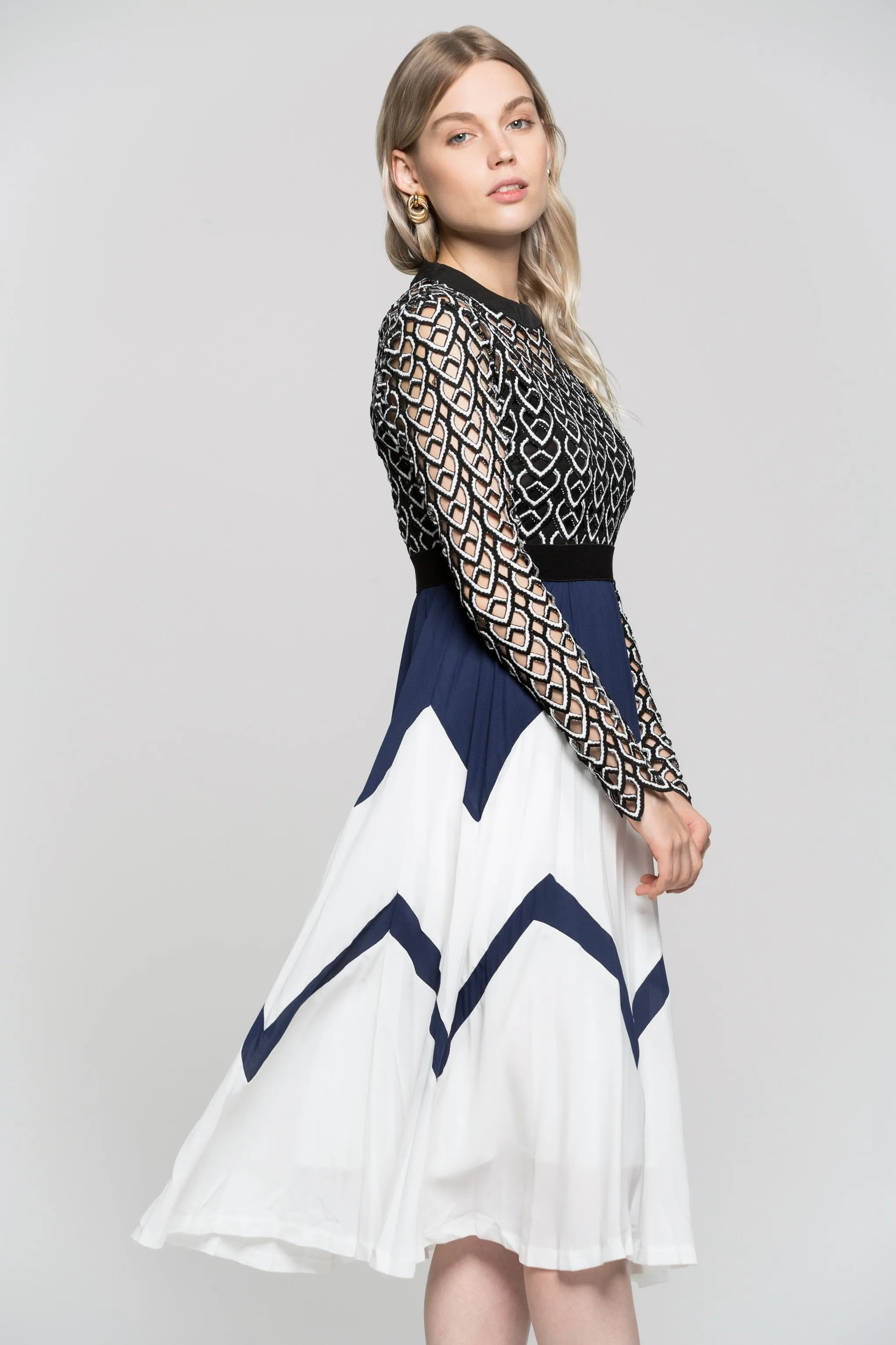 Navy Blue Black And White Detailed Embroidered Dress