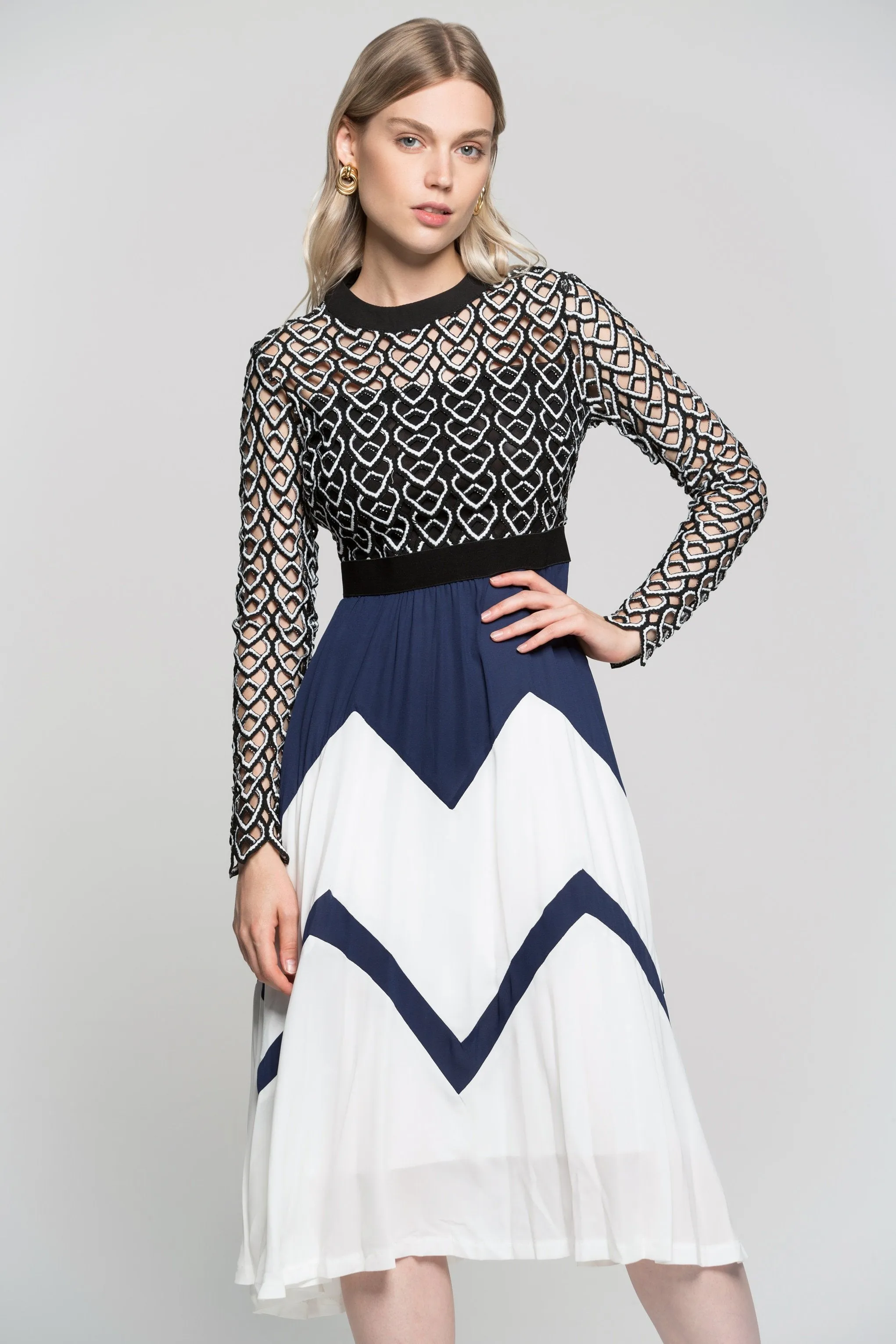 Navy Blue Black And White Detailed Embroidered Dress