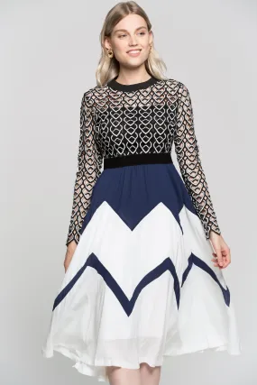 Navy Blue Black And White Detailed Embroidered Dress