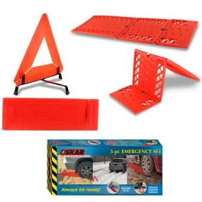 Oskar 3 Piece Emergency Kit, Red, Vehicle Roadside Assistance Set with Folding Tire Traction Mats and Reflective Warning Triangle for Accidents, Snow, Ice, Slush, Mud, Sand, Car, SUV, Truck