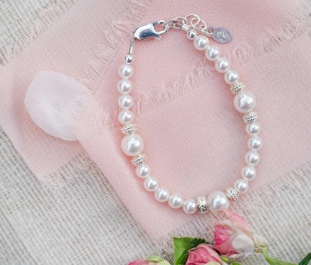 Pearl Baby Bracelet with 3 Larger Pearls and CZ Rondels