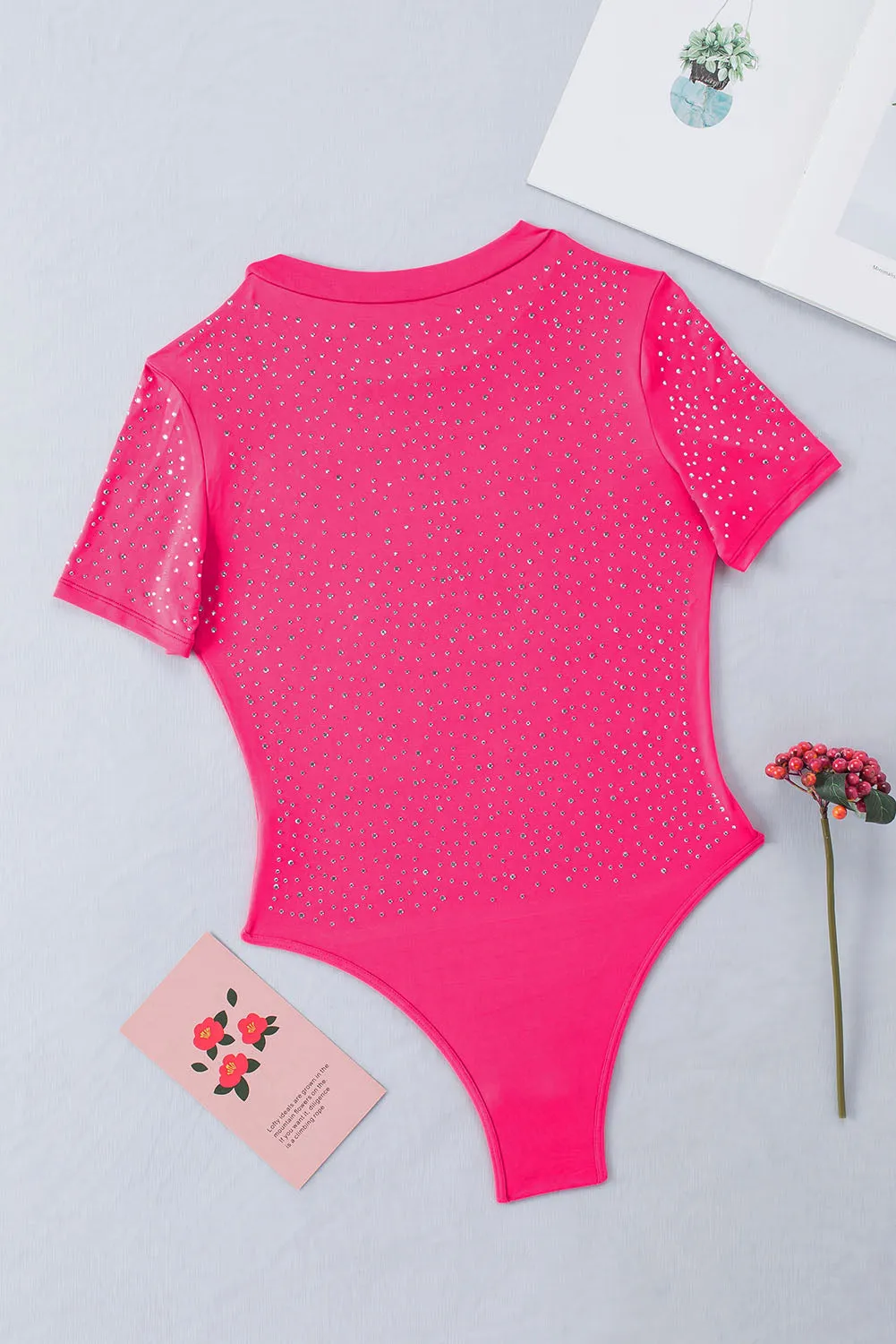 Rose Rhinestone Allover Round Neck Short Sleeve Bodysuit